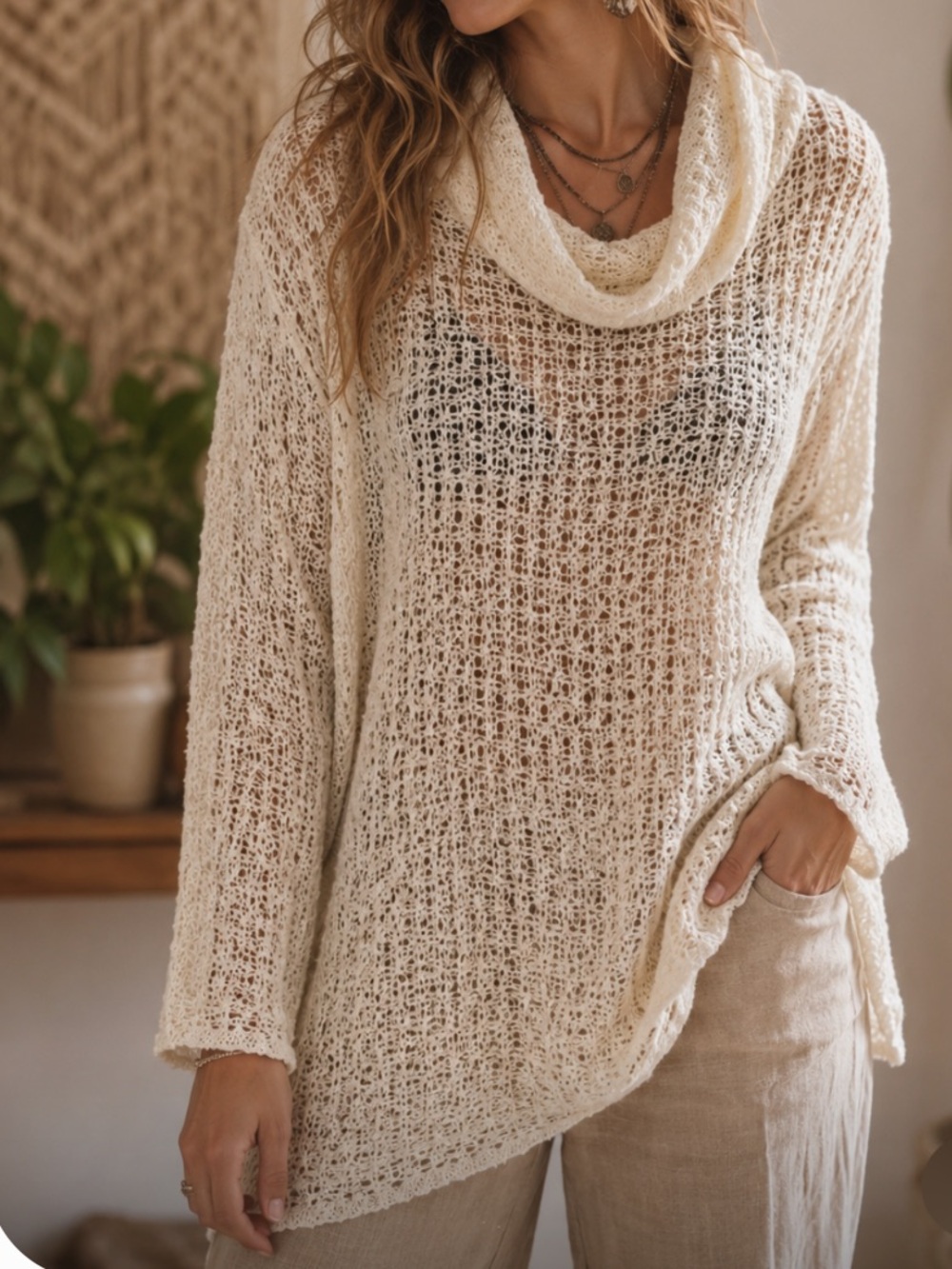 Figwood Wool Blend Cozy Cream Cowl Neck Knit Sweater